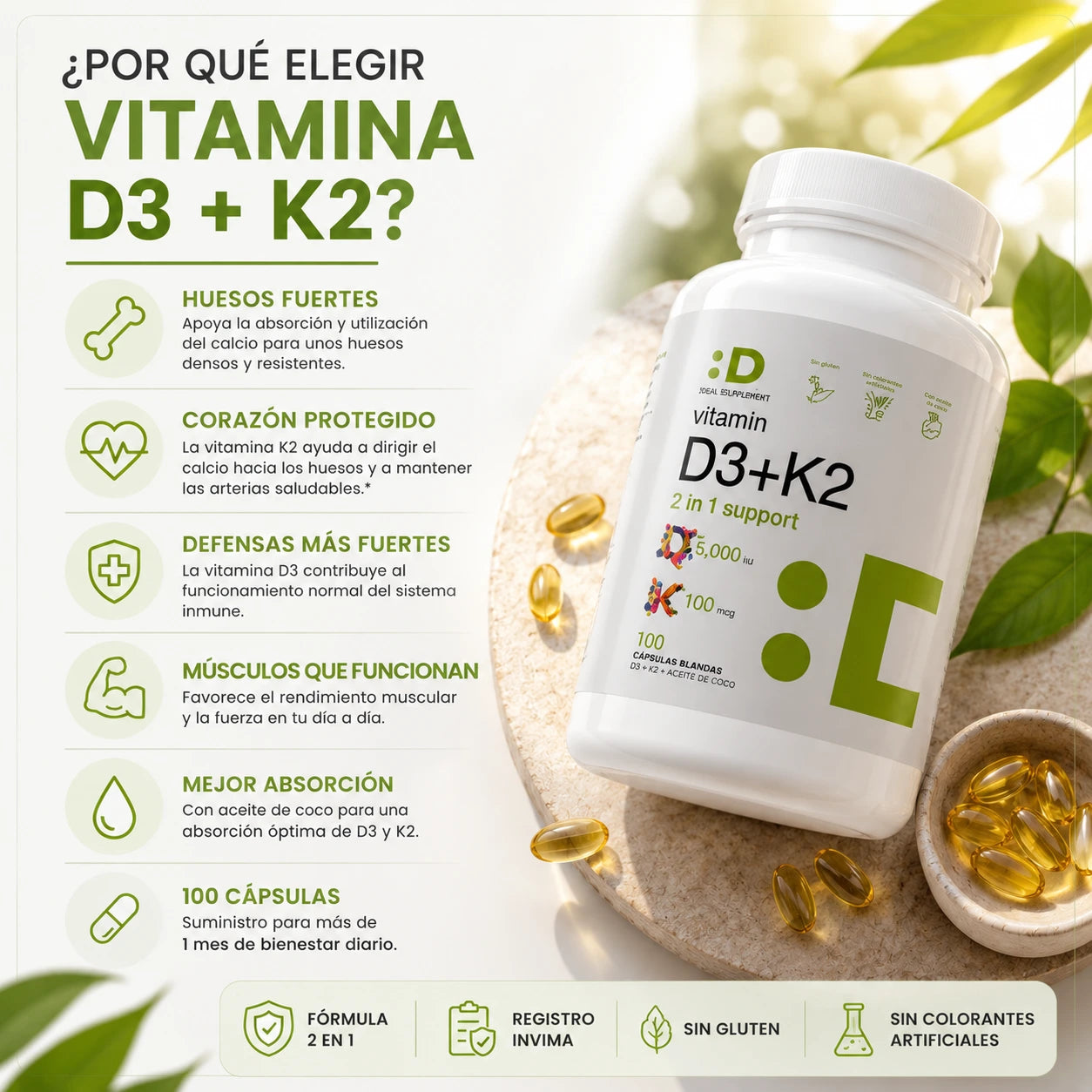 Vitamina D3 + K2 : La energía del sol. La fuerza en tus huesos. La protección de tu corazón.