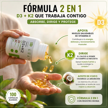 Vitamina D3 + K2 : La energía del sol. La fuerza en tus huesos. La protección de tu corazón.