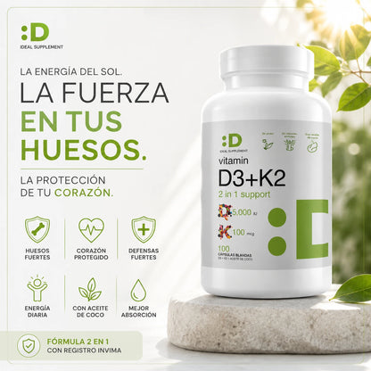 Vitamina D3 + K2 : La energía del sol. La fuerza en tus huesos. La protección de tu corazón.