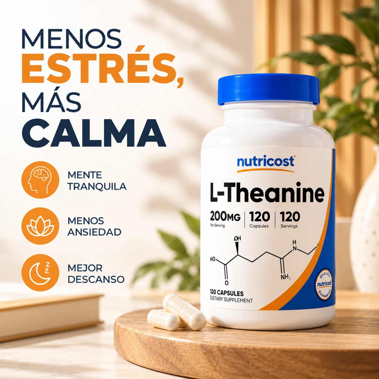 L-Theanine Nutricost, 200 mg por porción y 120 cápsulas; imagen principal enviada por la tienda